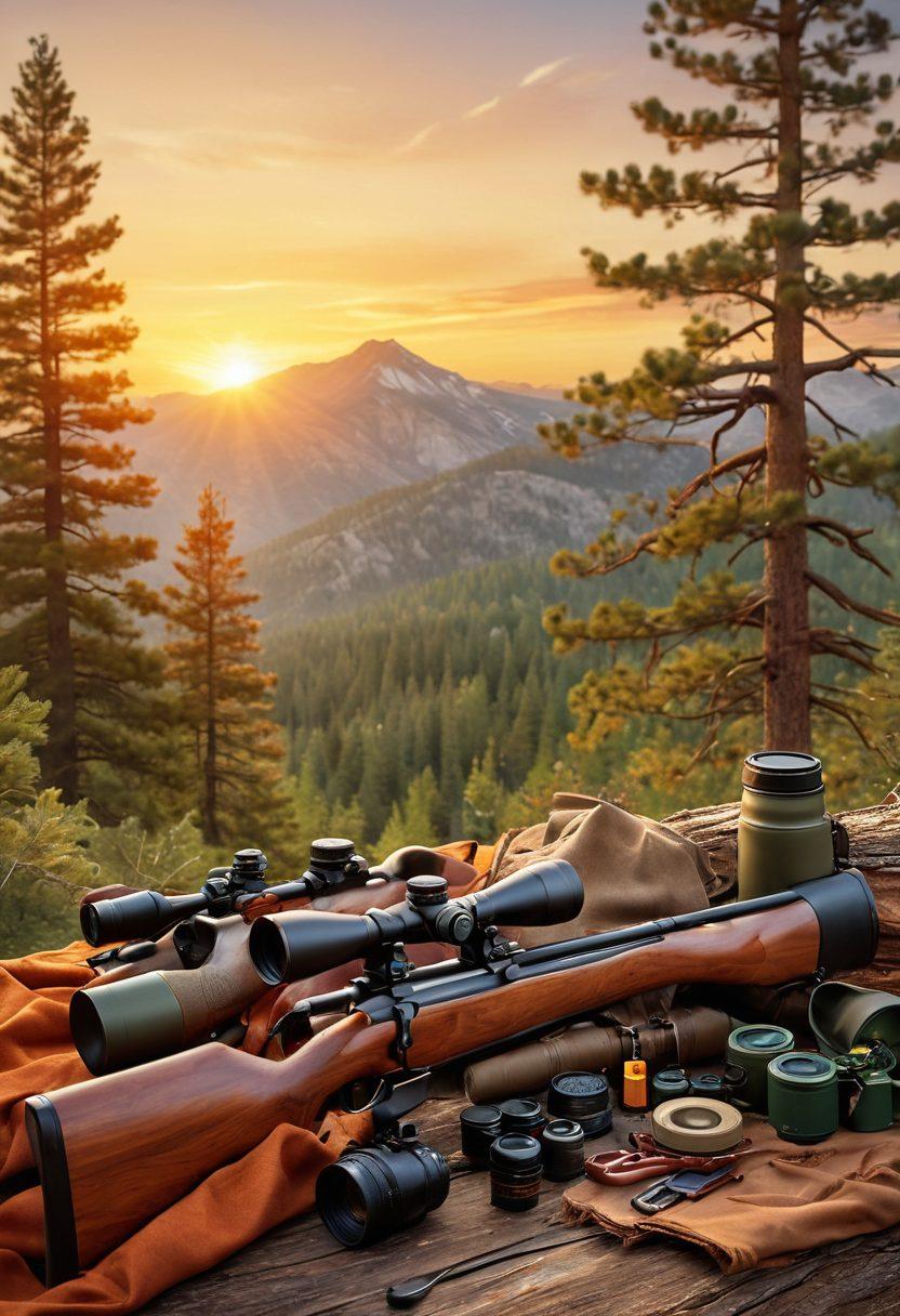 An expertly laid-out collection of essential hunting and shooting gear, including rifles, binoculars, and targets, set against a rugged outdoor backdrop of pine trees and a stunning sunset. Incorporate a warm color palette that evokes adventure and precision, while adding a skilled marksman in the background practicing their shot. Elements of nature, like distant mountains and a clear sky, enhance the atmosphere of mastery and skill. super-realistic. vibrant colors. outdoor setting.