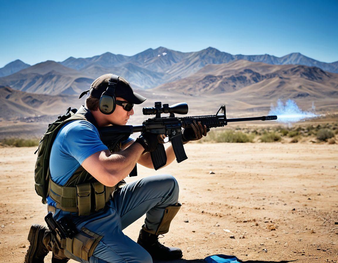 A dynamic scene of a competitive shooter in action at an outdoor range, surrounded by essential gear like rifles, scopes, and safety equipment. The backdrop features mountainous terrain and an expansive blue sky, with excitement and focus radiating from the shooter's expression. Incorporate a faint burst of motion lines to capture movement and energy in the shot. super-realistic. vibrant colors. action-packed.