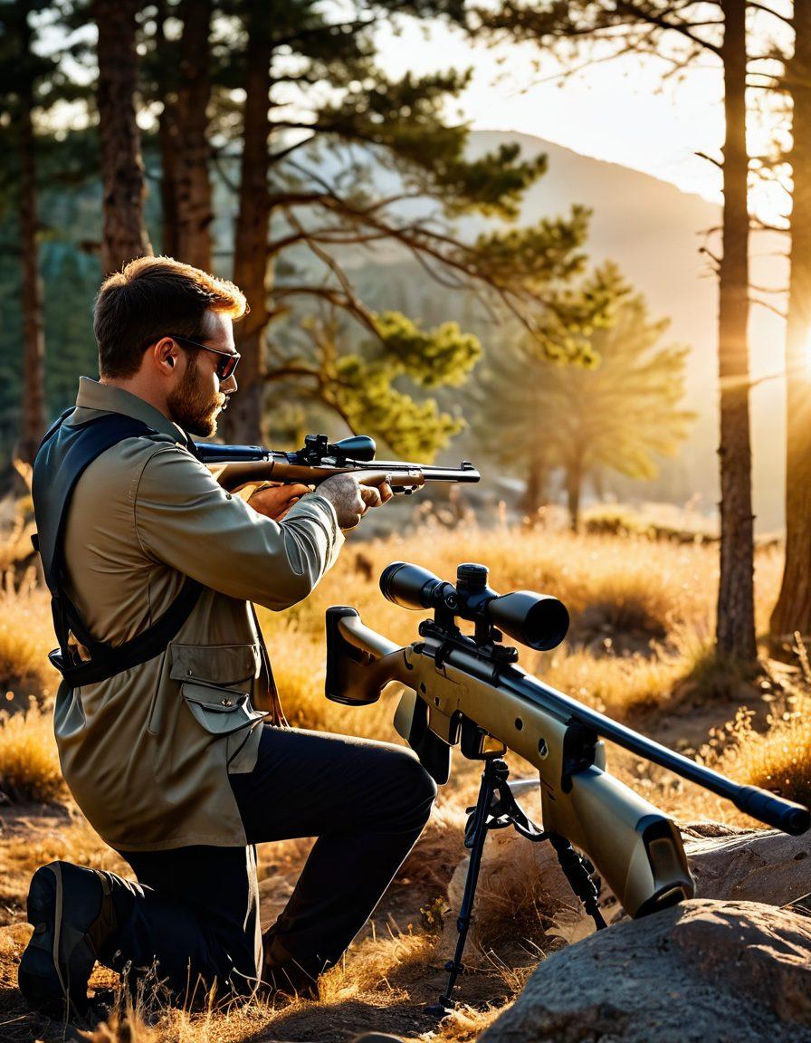 A dynamic scene featuring a skilled shooter in action, aiming an air rifle at a distant target in an outdoor setting, surrounded by a variety of high-end shooting accessories like scopes, targets, and pellets. The sun is setting, casting a golden glow over the landscape, emphasizing the excitement and focus of the sport. Include elements of nature—trees and mountains in the background—to add depth. super-realistic. vibrant colors. action-packed.